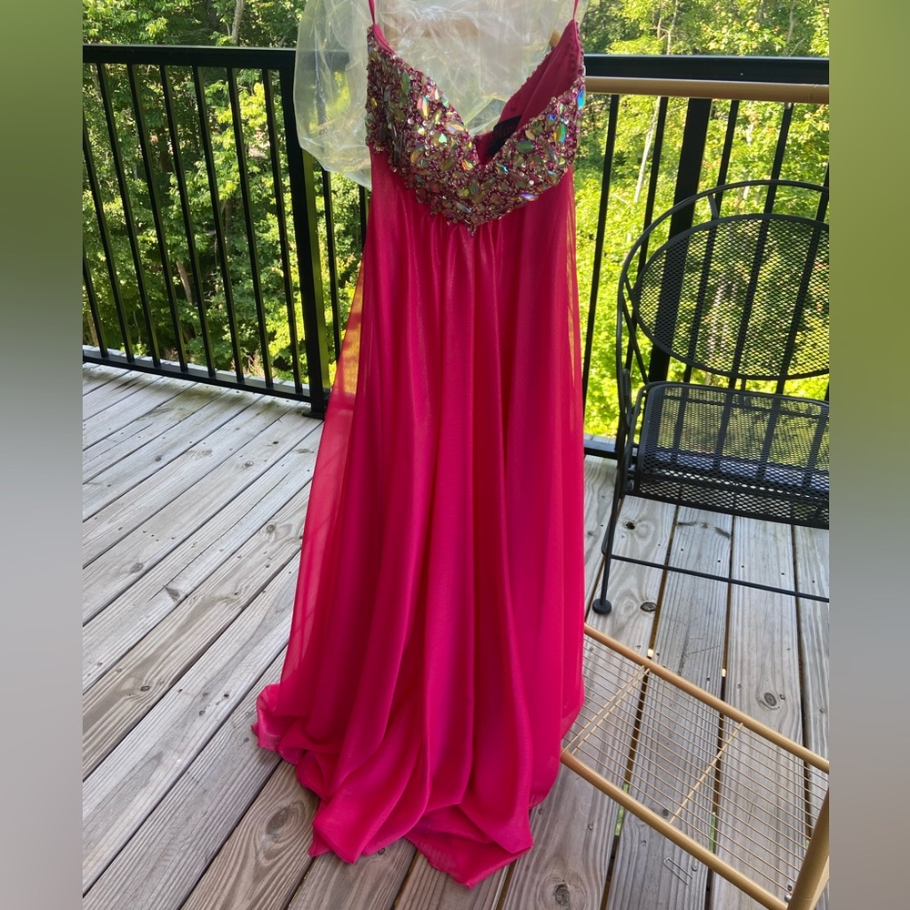 Terani strapless beaded hot pink gown